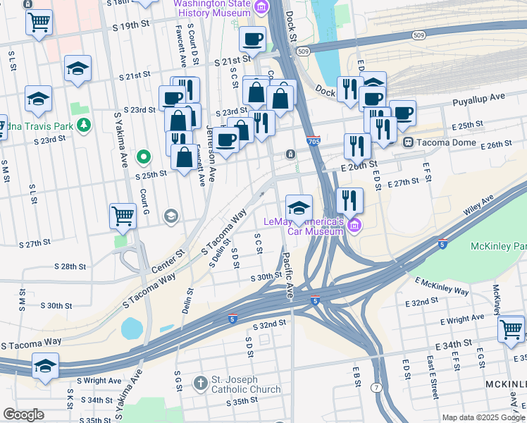 map of restaurants, bars, coffee shops, grocery stores, and more near 220 South 27th Street in Tacoma