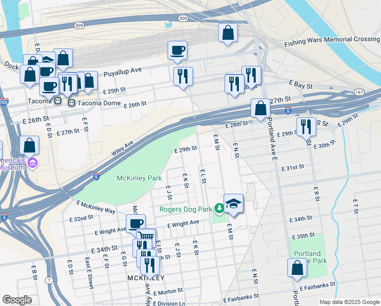 map of restaurants, bars, coffee shops, grocery stores, and more near 1118 East 29th Street in Tacoma