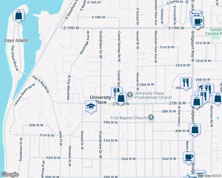 map of restaurants, bars, coffee shops, grocery stores, and more near 2526 Crystal Springs Road West in University Place