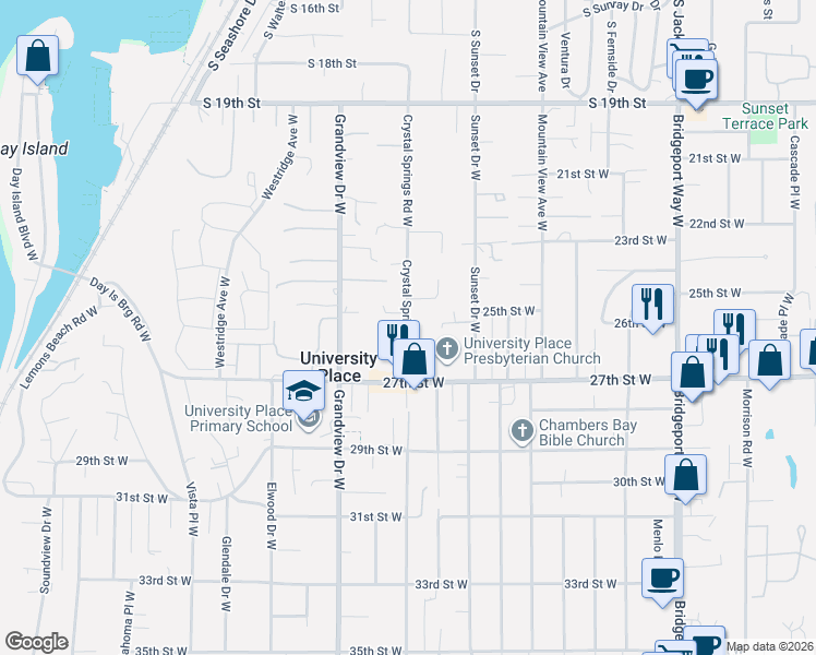 map of restaurants, bars, coffee shops, grocery stores, and more near 2510 Crystal Springs Road West in University Place