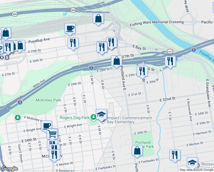 map of restaurants, bars, coffee shops, grocery stores, and more near 1424 East 30th Street in Tacoma