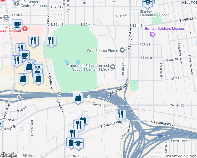 map of restaurants, bars, coffee shops, grocery stores, and more near 2440 South Steele Street in Tacoma