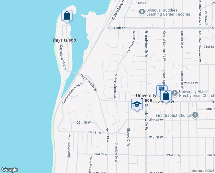 map of restaurants, bars, coffee shops, grocery stores, and more near 2602 27th Street West in Tacoma