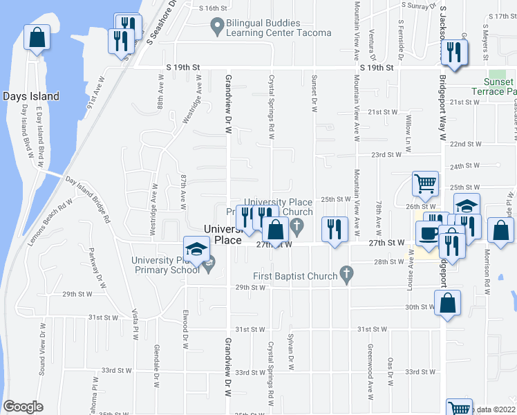 map of restaurants, bars, coffee shops, grocery stores, and more near 2526 Crystal Springs Road West in University Place