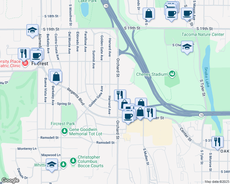 map of restaurants, bars, coffee shops, grocery stores, and more near 2716 South Orchard Street in Fircrest