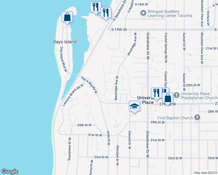 map of restaurants, bars, coffee shops, grocery stores, and more near 2602 27th Street West in Tacoma