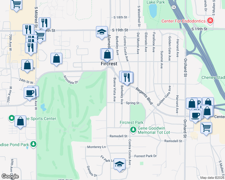 map of restaurants, bars, coffee shops, grocery stores, and more near 458 Buena Vista Avenue in Fircrest