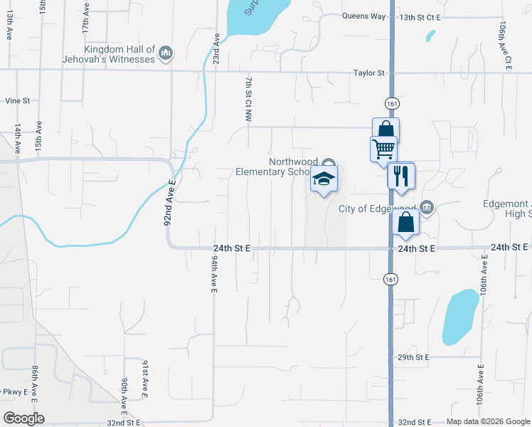 map of restaurants, bars, coffee shops, grocery stores, and more near 9623 24th Street East in Edgewood