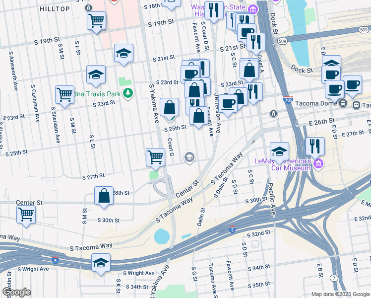 map of restaurants, bars, coffee shops, grocery stores, and more near 2547 South G Street in Tacoma