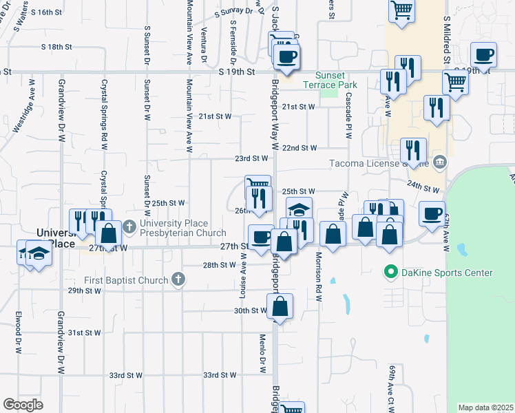 map of restaurants, bars, coffee shops, grocery stores, and more near 2620 Bridgeport Way West in University Place