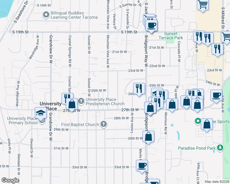 map of restaurants, bars, coffee shops, grocery stores, and more near 2519 78th Avenue West in University Place
