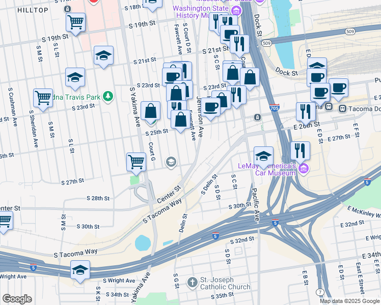map of restaurants, bars, coffee shops, grocery stores, and more near 2553 Tacoma Avenue South in Tacoma