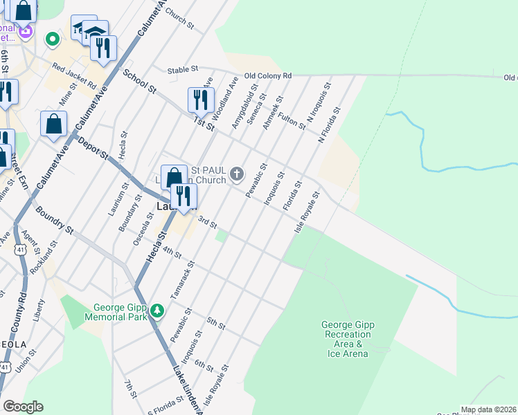 map of restaurants, bars, coffee shops, grocery stores, and more near 201-299 Iroquois Street in Calumet Township