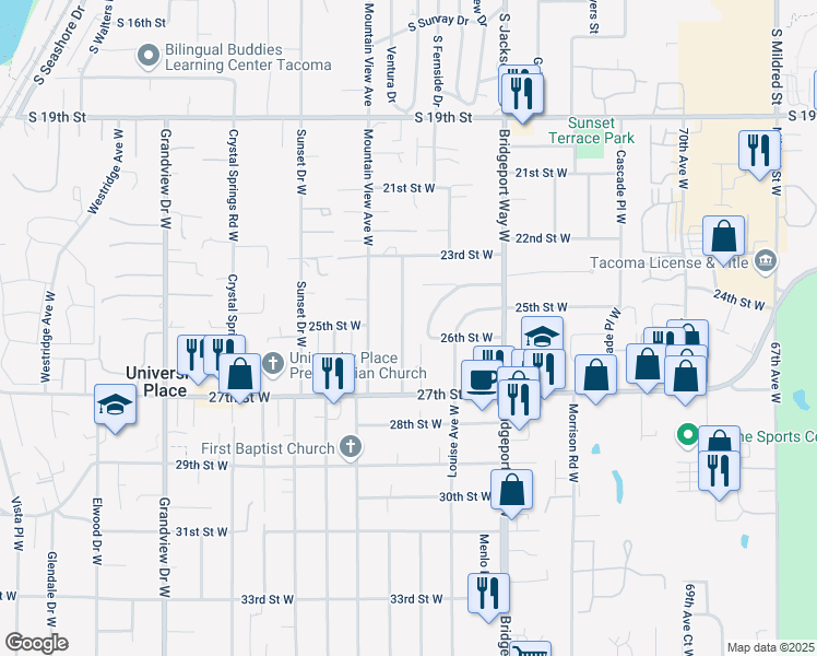 map of restaurants, bars, coffee shops, grocery stores, and more near 2519 78th Avenue West in University Place