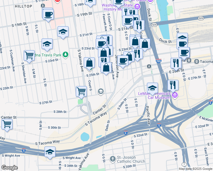 map of restaurants, bars, coffee shops, grocery stores, and more near 2553 Tacoma Avenue South in Tacoma