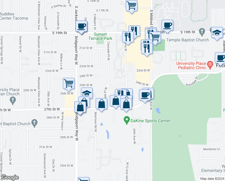 map of restaurants, bars, coffee shops, grocery stores, and more near 2509 Cascade Place West in University Place