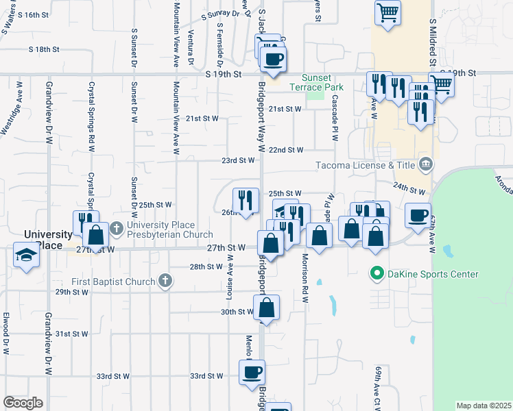 map of restaurants, bars, coffee shops, grocery stores, and more near 2620 Bridgeport Way West in University Place