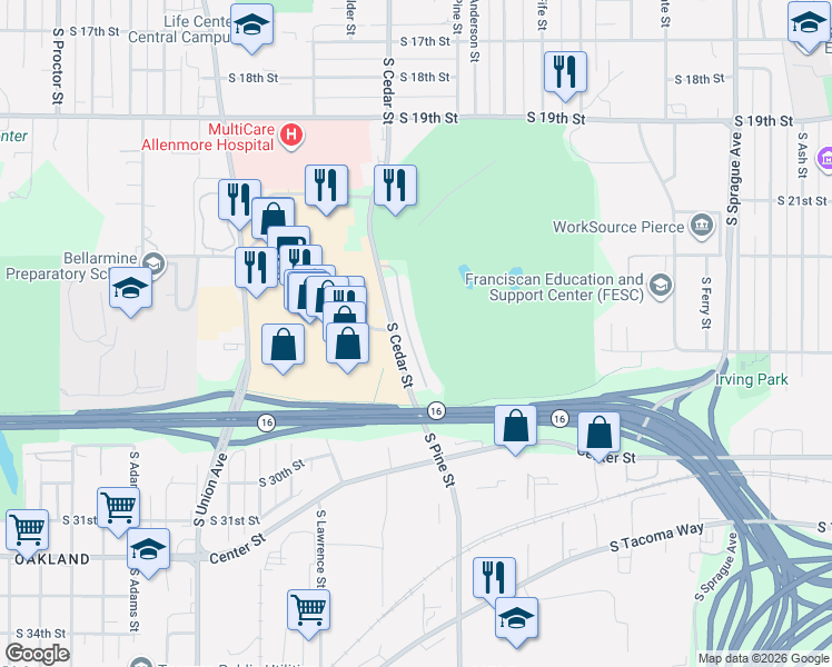 map of restaurants, bars, coffee shops, grocery stores, and more near 2651 South Cedar Street in Tacoma