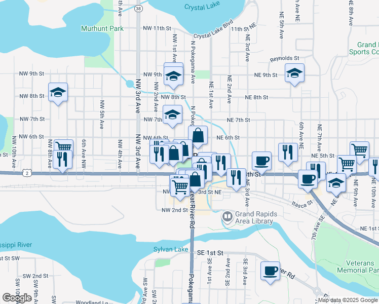 map of restaurants, bars, coffee shops, grocery stores, and more near in Grand Rapids