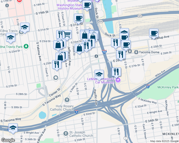 map of restaurants, bars, coffee shops, grocery stores, and more near 220 South 27th Street in Tacoma