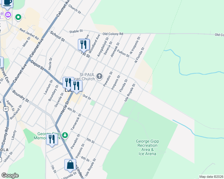 map of restaurants, bars, coffee shops, grocery stores, and more near 201 Iroquois Street in Calumet Township