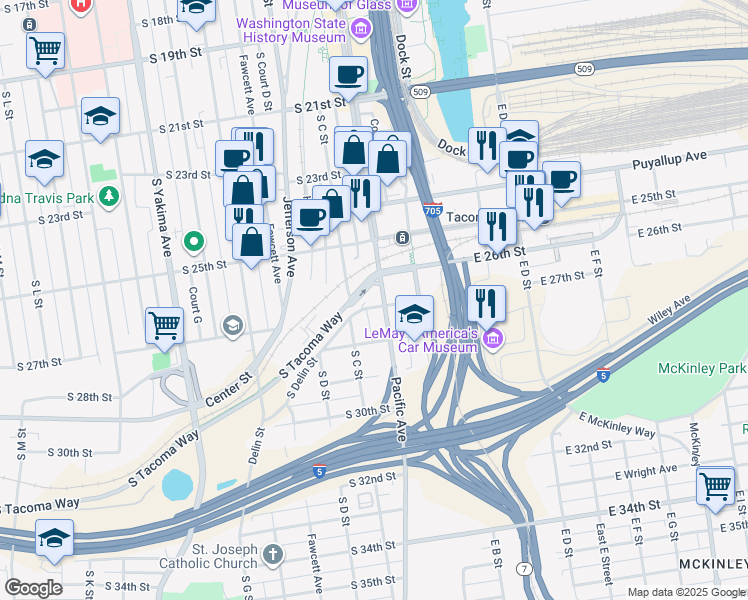map of restaurants, bars, coffee shops, grocery stores, and more near 220 South 27th Street in Tacoma