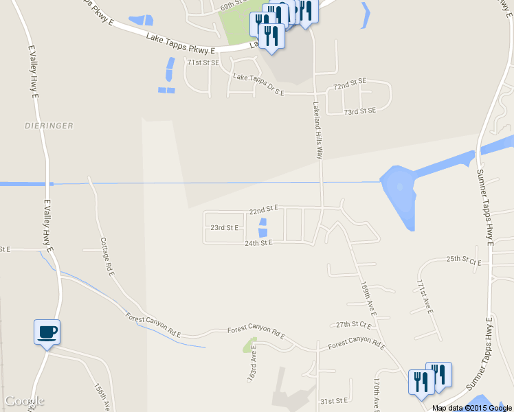 map of restaurants, bars, coffee shops, grocery stores, and more near 16313 22nd Street East in Lake Tapps