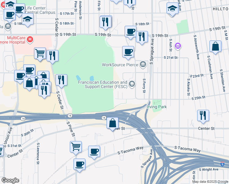 map of restaurants, bars, coffee shops, grocery stores, and more near 2440 South Steele Street in Tacoma