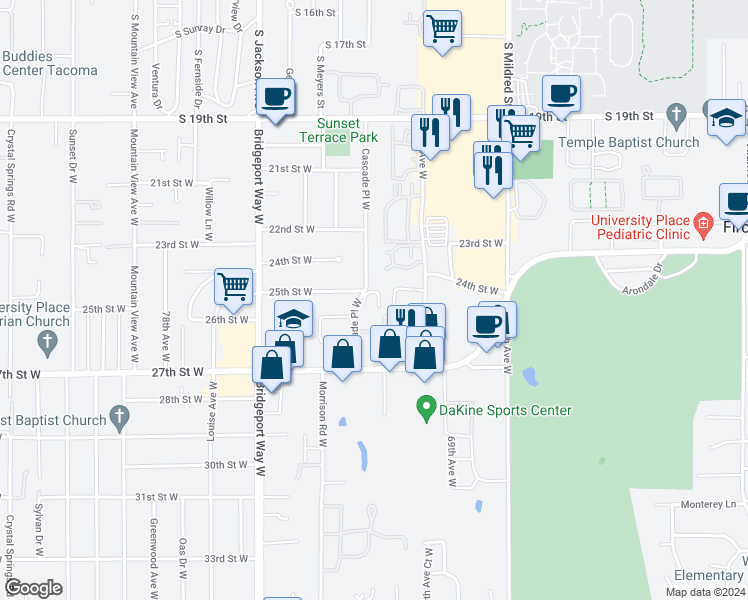 map of restaurants, bars, coffee shops, grocery stores, and more near 2313 Cascade Place West in University Place