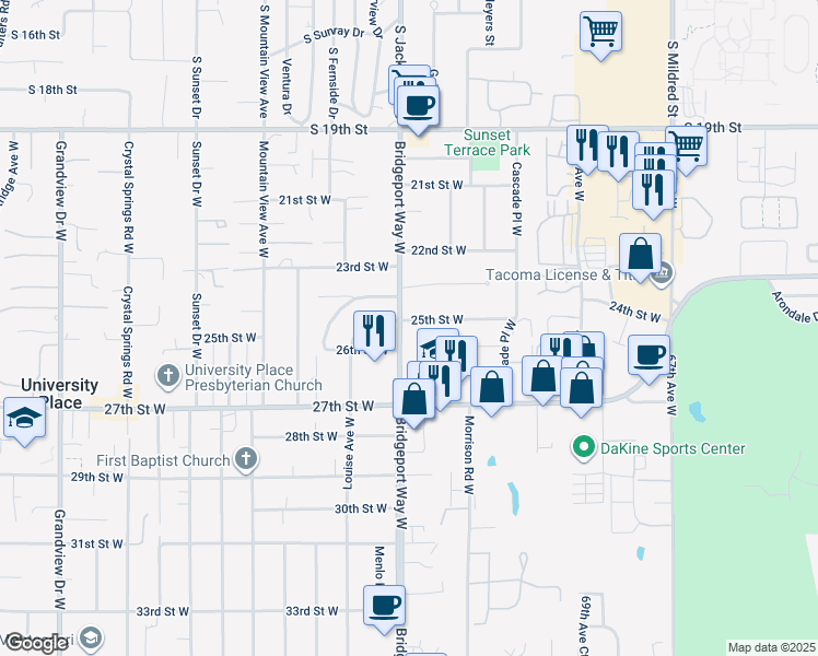 map of restaurants, bars, coffee shops, grocery stores, and more near 2415 Bridgeport Way West in University Place