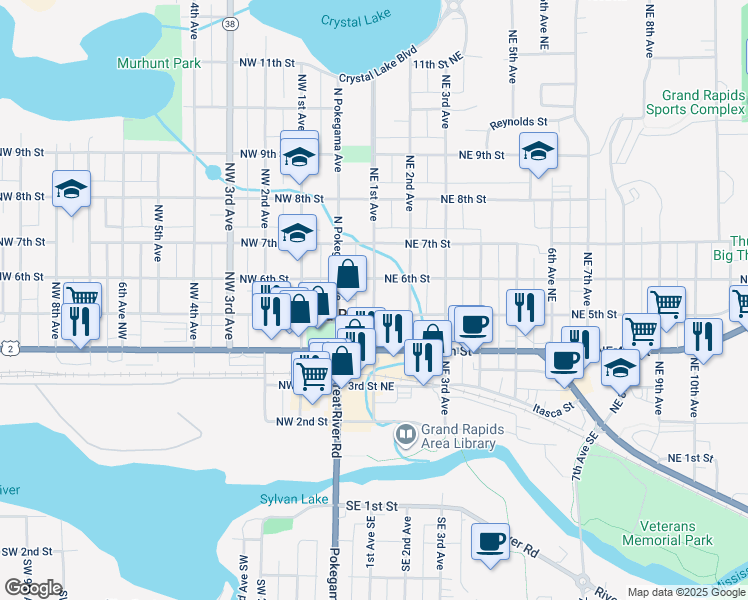 map of restaurants, bars, coffee shops, grocery stores, and more near 520 Northeast 1st Avenue in Grand Rapids