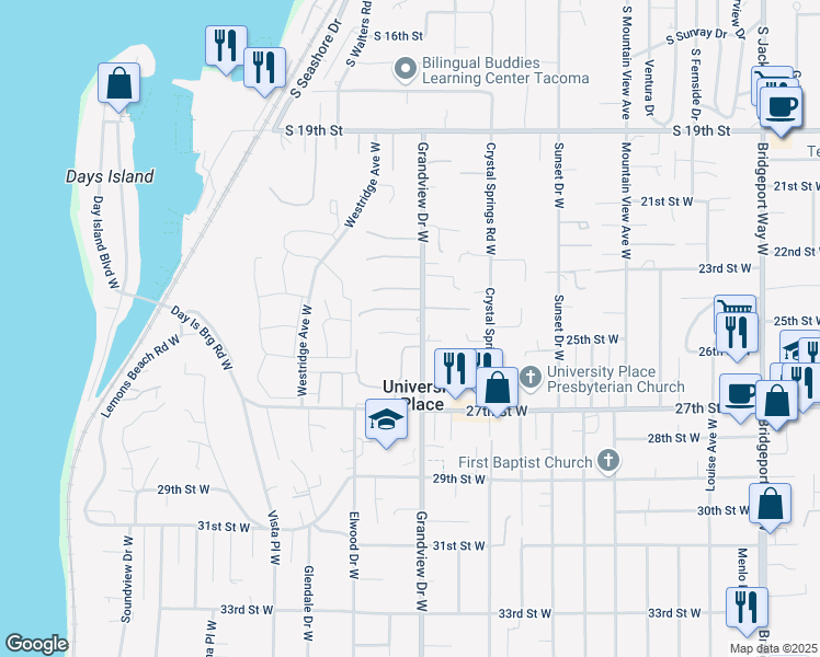 map of restaurants, bars, coffee shops, grocery stores, and more near 8514 23rd Street Court West in University Place