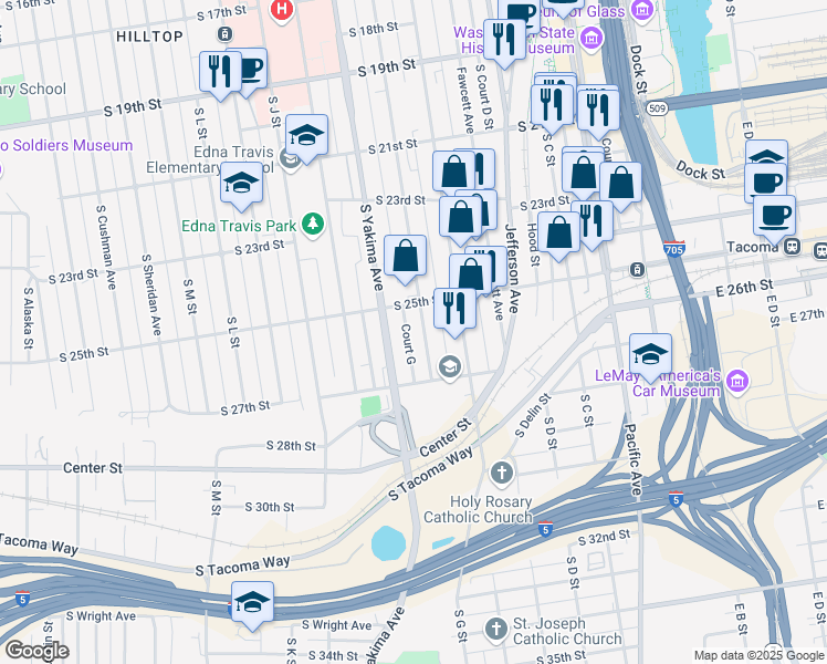 map of restaurants, bars, coffee shops, grocery stores, and more near 2520 South G Street in Tacoma