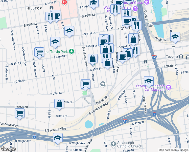 map of restaurants, bars, coffee shops, grocery stores, and more near 2520 South G Street in Tacoma