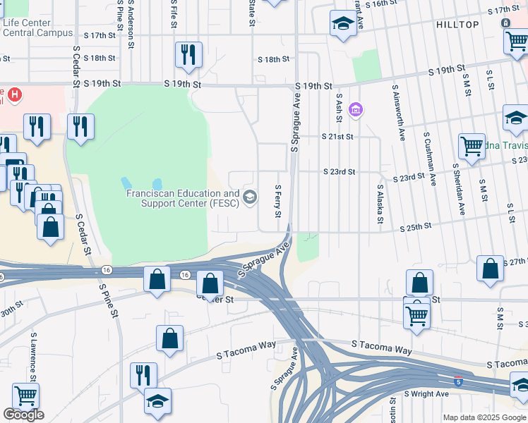 map of restaurants, bars, coffee shops, grocery stores, and more near 2330 South Ferry Street in Tacoma