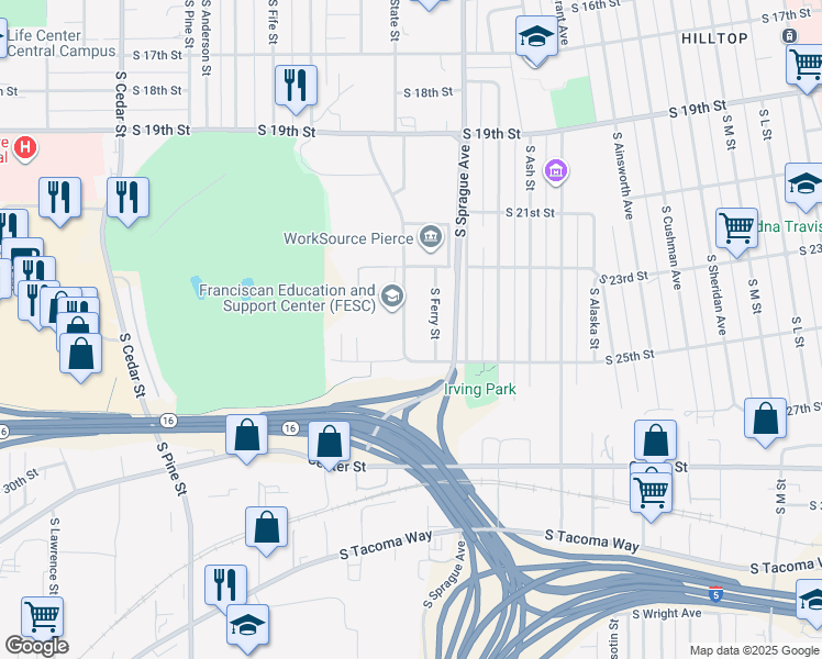 map of restaurants, bars, coffee shops, grocery stores, and more near 2330 South Ferry Street in Tacoma