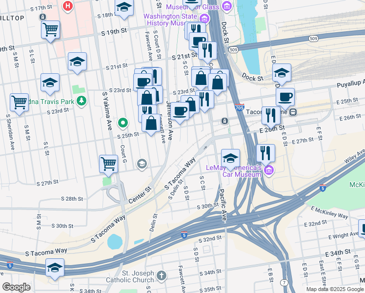 map of restaurants, bars, coffee shops, grocery stores, and more near 2602 South Holgate Street in Tacoma