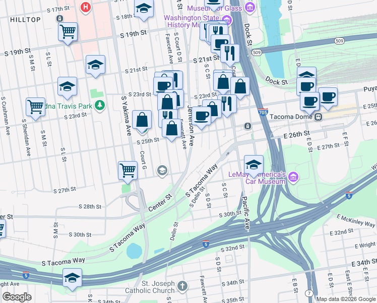 map of restaurants, bars, coffee shops, grocery stores, and more near 2520 Jefferson Avenue in Tacoma