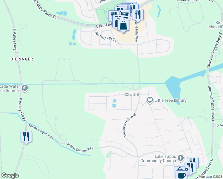 map of restaurants, bars, coffee shops, grocery stores, and more near 16313 22nd Street East in Lake Tapps