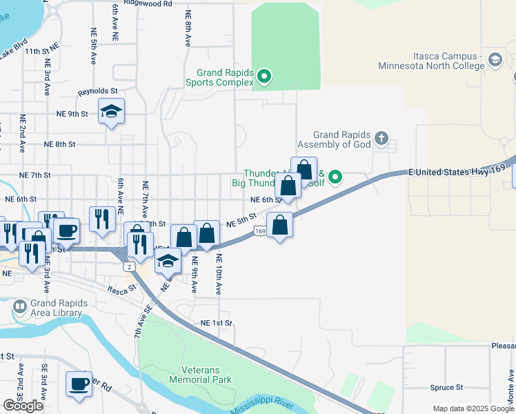 map of restaurants, bars, coffee shops, grocery stores, and more near 1203 Northeast 6th Street in Grand Rapids