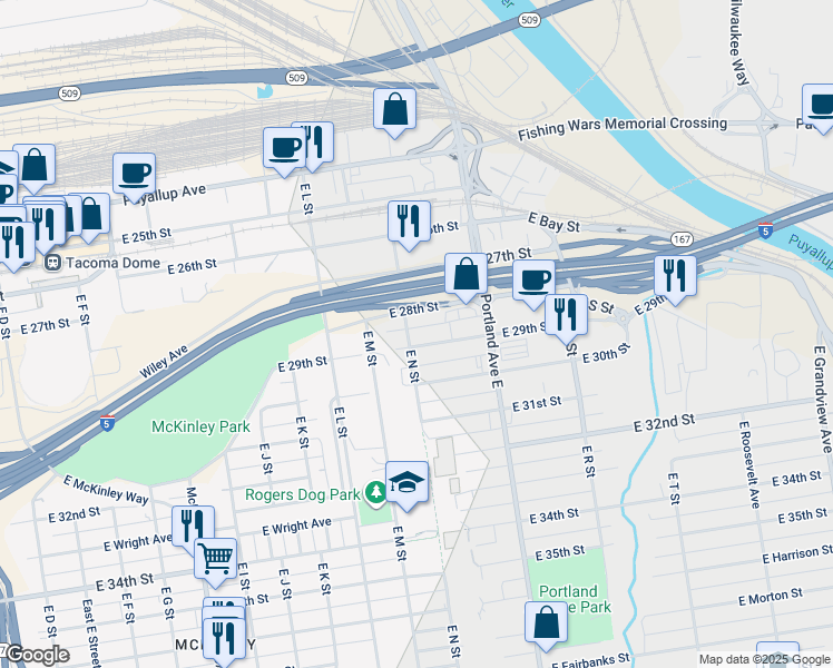 map of restaurants, bars, coffee shops, grocery stores, and more near 2810 East N Street in Tacoma