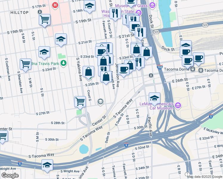map of restaurants, bars, coffee shops, grocery stores, and more near 2507 Tacoma Avenue South in Tacoma