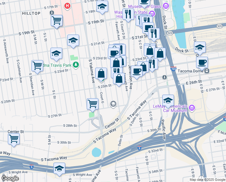 map of restaurants, bars, coffee shops, grocery stores, and more near 2512 Tacoma Avenue South in Tacoma