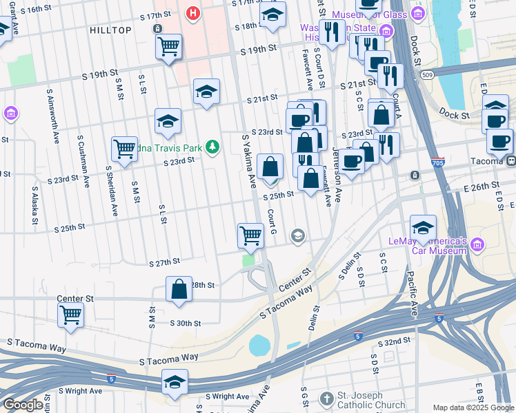 map of restaurants, bars, coffee shops, grocery stores, and more near 2505 South Yakima Avenue in Tacoma