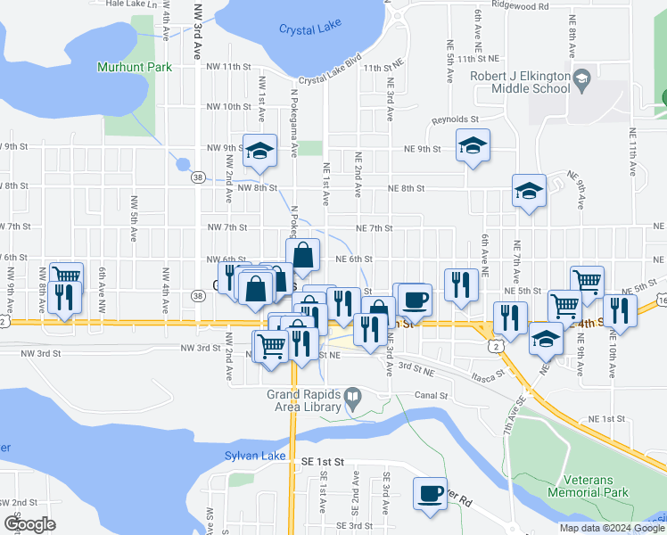 map of restaurants, bars, coffee shops, grocery stores, and more near 520 Northeast 1st Avenue in Grand Rapids