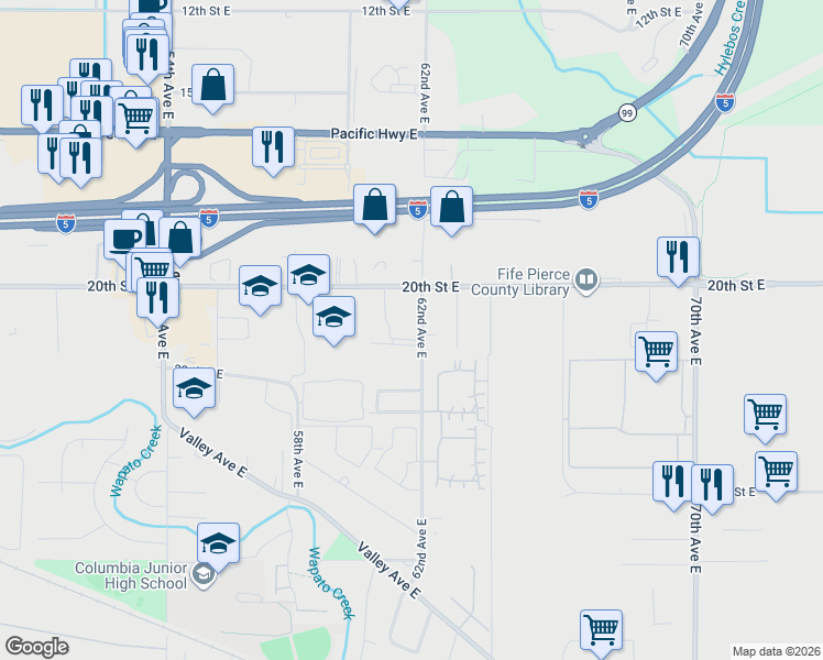 map of restaurants, bars, coffee shops, grocery stores, and more near 2102 62nd Avenue East in Tacoma