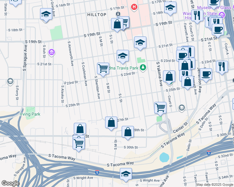 map of restaurants, bars, coffee shops, grocery stores, and more near 2341 South M Street in Tacoma