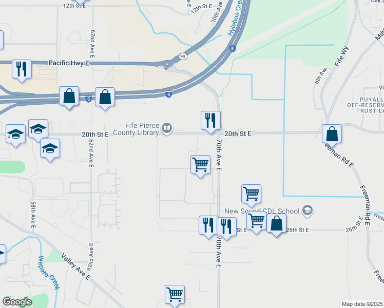 map of restaurants, bars, coffee shops, grocery stores, and more near 6826 20th Street East in Fife