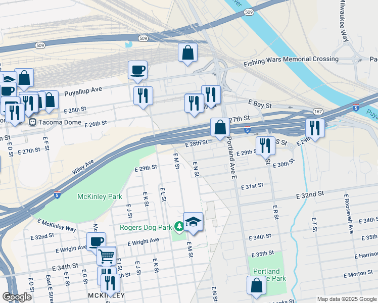 map of restaurants, bars, coffee shops, grocery stores, and more near 2810 East N Street in Tacoma