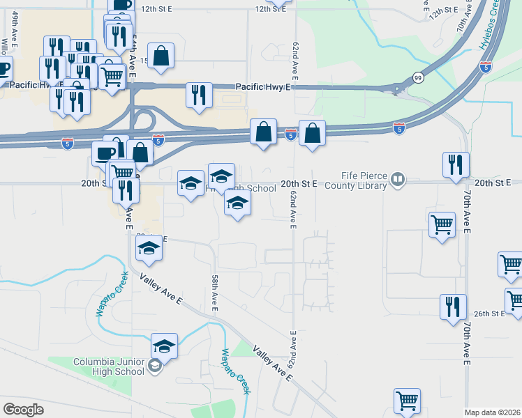 map of restaurants, bars, coffee shops, grocery stores, and more near 6020 20th Street East in Fife